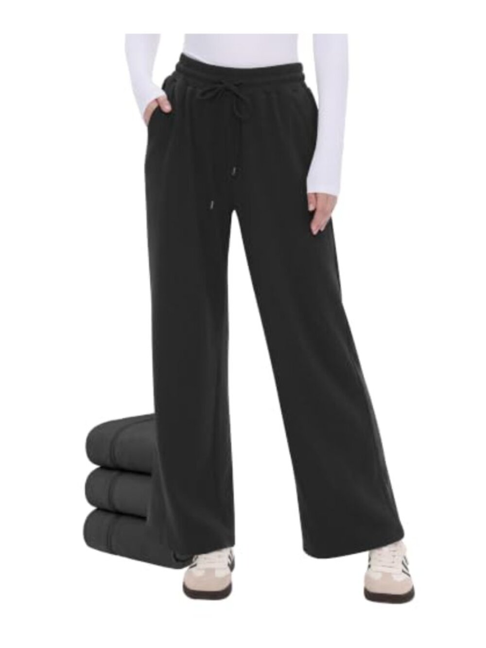 Fleece Lined Wide Leg Sweatpants High Rise Drawstring Pockets